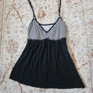 Gap 2000s black & white striped babydoll top with blue bow detail asymmetrical